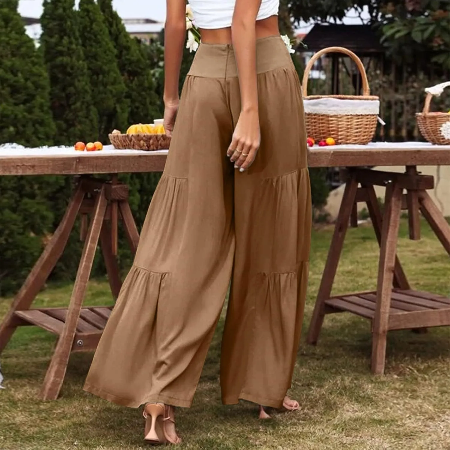 QWENTMTNTY Wide Legged Pants for Women Dressy Casual 2024 Cotton Linen Palazzo Pants Smocked High Waisted Summer Trousers