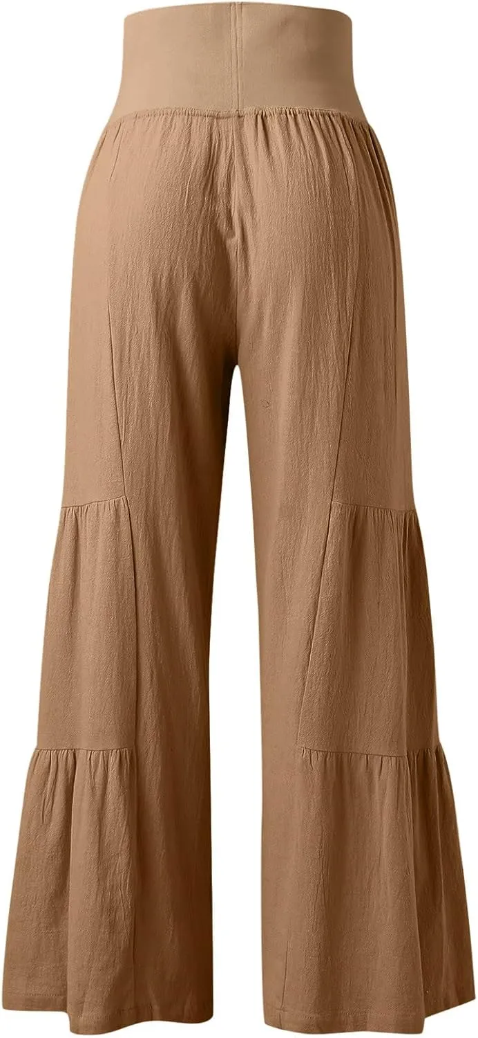 QWENTMTNTY Wide Legged Pants for Women Dressy Casual 2024 Cotton Linen Palazzo Pants Smocked High Waisted Summer Trousers