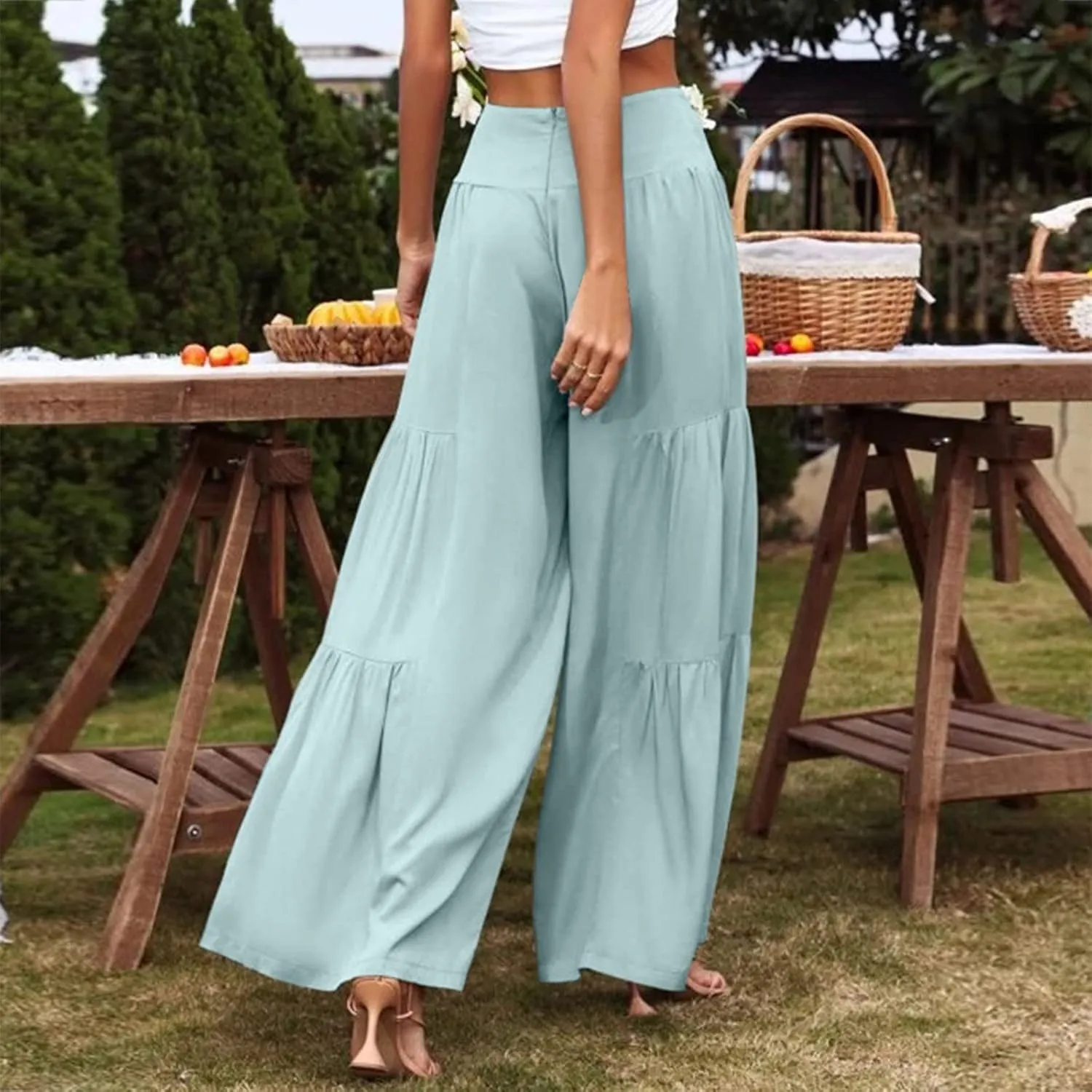 QWENTMTNTY Wide Legged Pants for Women Dressy Casual 2024 Cotton Linen Palazzo Pants Smocked High Waisted Summer Trousers