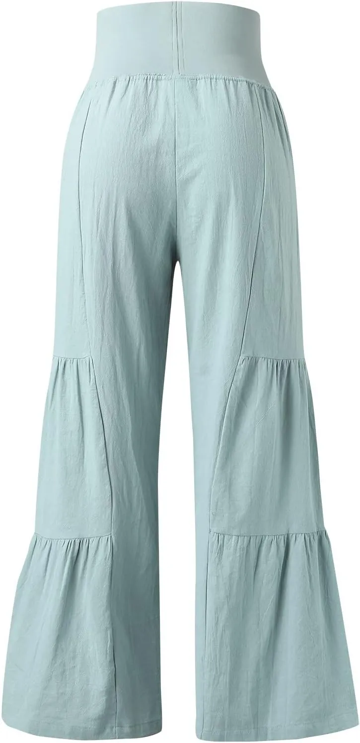 QWENTMTNTY Wide Legged Pants for Women Dressy Casual 2024 Cotton Linen Palazzo Pants Smocked High Waisted Summer Trousers