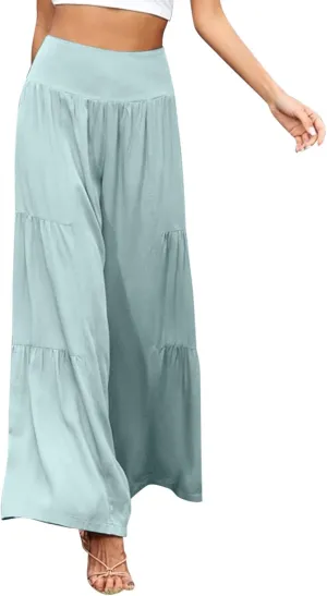 QWENTMTNTY Wide Legged Pants for Women Dressy Casual 2024 Cotton Linen Palazzo Pants Smocked High Waisted Summer Trousers