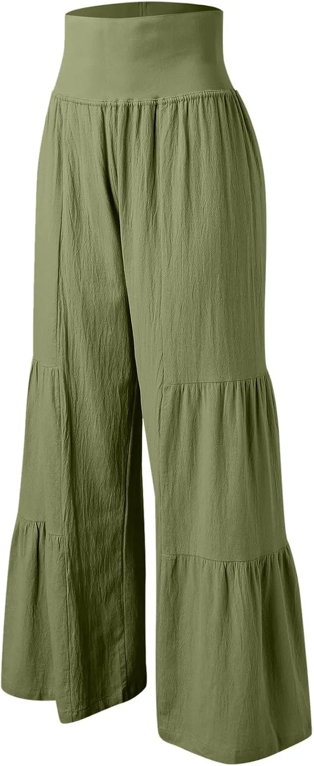 QWENTMTNTY Wide Legged Pants for Women Dressy Casual 2024 Cotton Linen Palazzo Pants Smocked High Waisted Summer Trousers