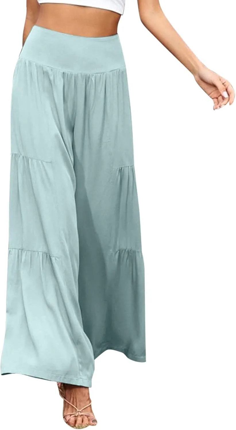 QWENTMTNTY Wide Legged Pants for Women Dressy Casual 2024 Cotton Linen Palazzo Pants Smocked High Waisted Summer Trousers