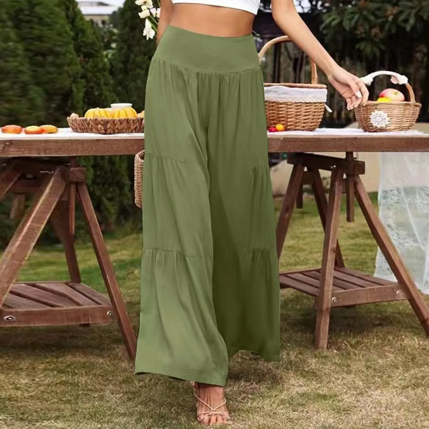 QWENTMTNTY Wide Legged Pants for Women Dressy Casual 2024 Cotton Linen Palazzo Pants Smocked High Waisted Summer Trousers