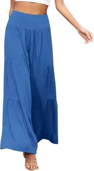 QWENTMTNTY Wide Legged Pants for Women Dressy Casual 2024 Cotton Linen Palazzo Pants Smocked High Waisted Summer Trousers