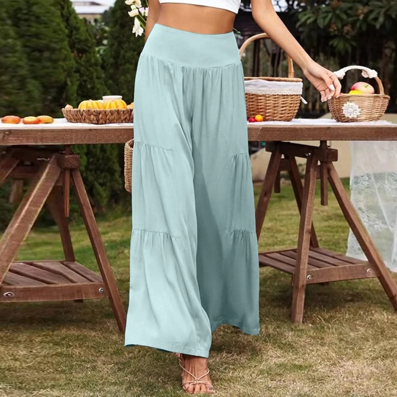 QWENTMTNTY Wide Legged Pants for Women Dressy Casual 2024 Cotton Linen Palazzo Pants Smocked High Waisted Summer Trousers