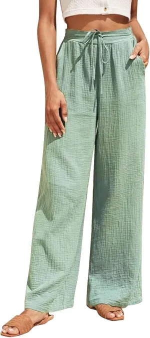 QWENTMTNTY Women's Cotton Linen Casual Summer Drawstring Pants Elastic High Waist Wide Leg Pants Loose Trousers with Pockets