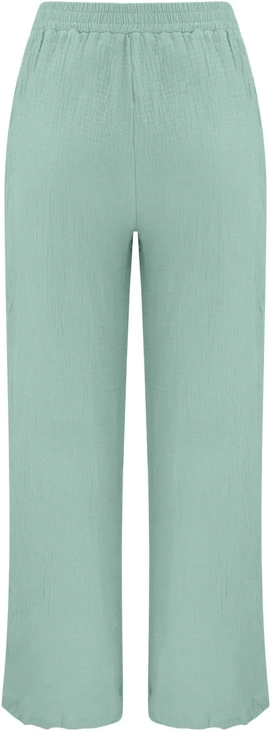 QWENTMTNTY Women's Cotton Linen Casual Summer Drawstring Pants Elastic High Waist Wide Leg Pants Loose Trousers with Pockets