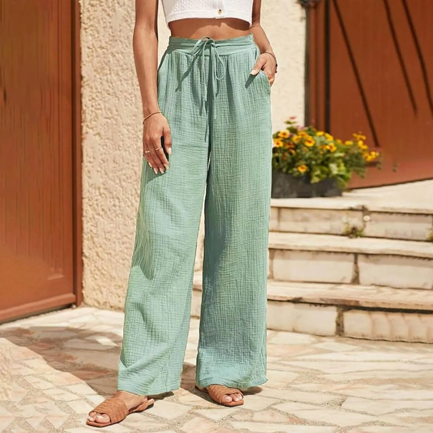 QWENTMTNTY Women's Cotton Linen Casual Summer Drawstring Pants Elastic High Waist Wide Leg Pants Loose Trousers with Pockets