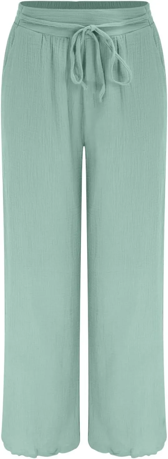 QWENTMTNTY Women's Cotton Linen Casual Summer Drawstring Pants Elastic High Waist Wide Leg Pants Loose Trousers with Pockets