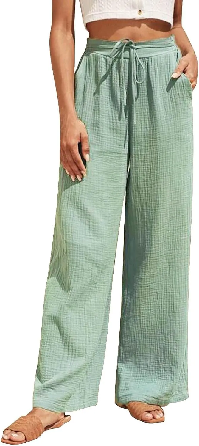 QWENTMTNTY Women's Cotton Linen Casual Summer Drawstring Pants Elastic High Waist Wide Leg Pants Loose Trousers with Pockets