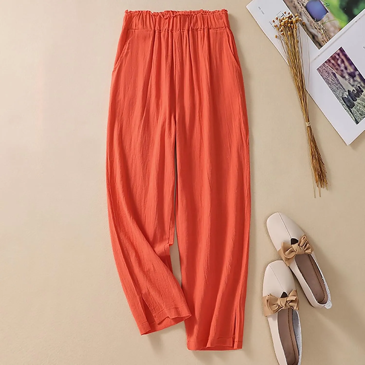 QWENTMTNTY Womens Linen High Waist Wide Leg Capri Pants Comfy Cotton Straight Casual Dressy Summer Cropped Palazzo Pants