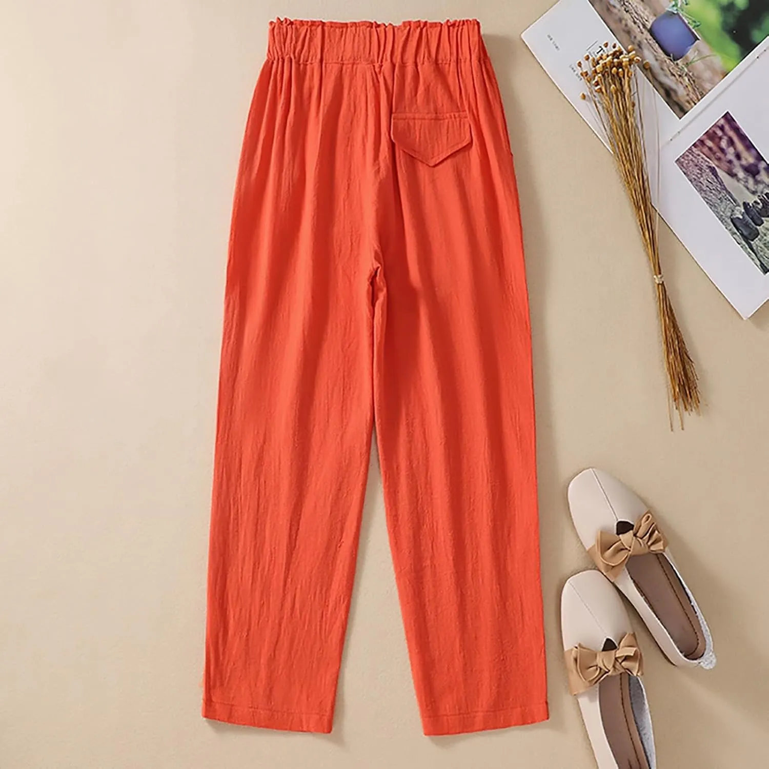 QWENTMTNTY Womens Linen High Waist Wide Leg Capri Pants Comfy Cotton Straight Casual Dressy Summer Cropped Palazzo Pants
