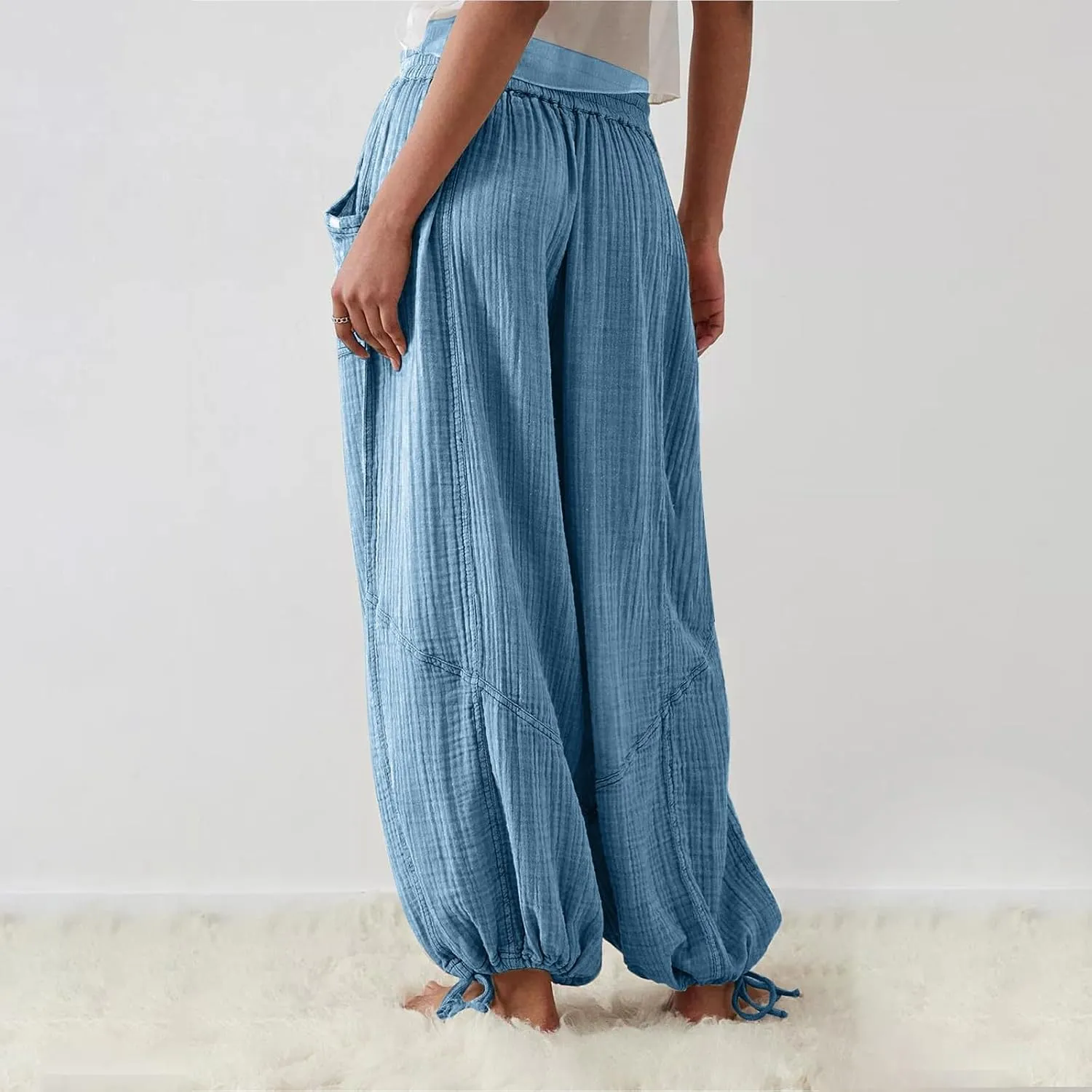 QWENTMTNTY Womens Summer Baggy Pants Cotton Linen Elastic Waisted Wide Leg Pants Pockets Comfy Casual Plus Size Haram Pants