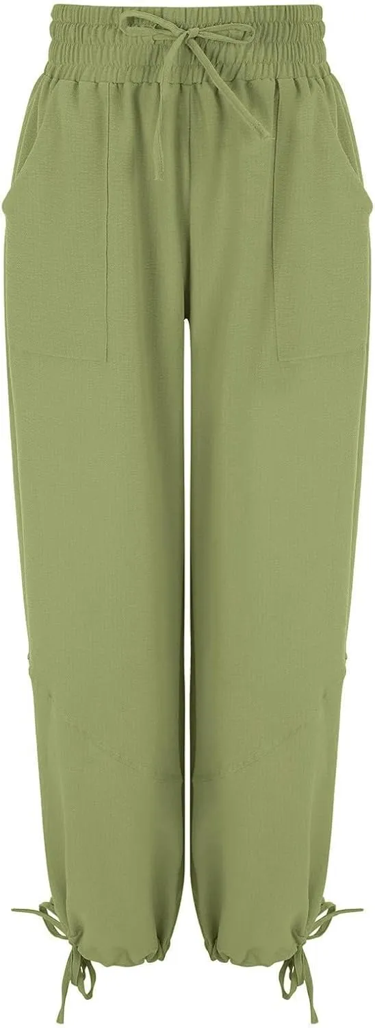 QWENTMTNTY Womens Summer Baggy Pants Cotton Linen Elastic Waisted Wide Leg Pants Pockets Comfy Casual Plus Size Haram Pants