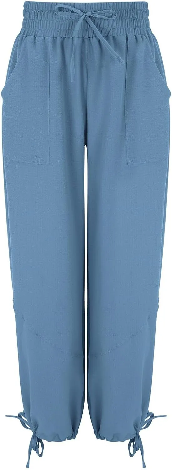 QWENTMTNTY Womens Summer Baggy Pants Cotton Linen Elastic Waisted Wide Leg Pants Pockets Comfy Casual Plus Size Haram Pants