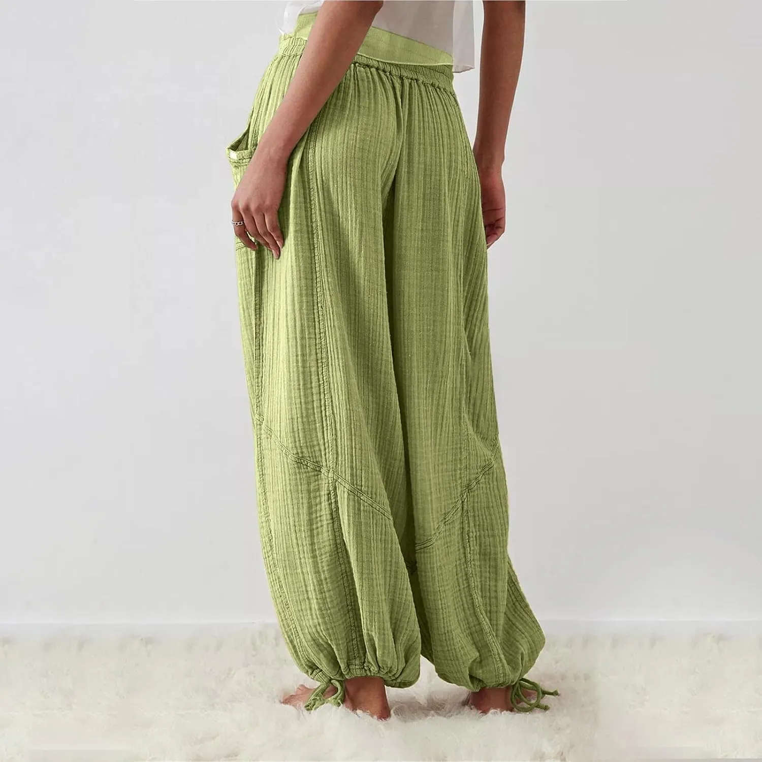 QWENTMTNTY Womens Summer Baggy Pants Cotton Linen Elastic Waisted Wide Leg Pants Pockets Comfy Casual Plus Size Haram Pants