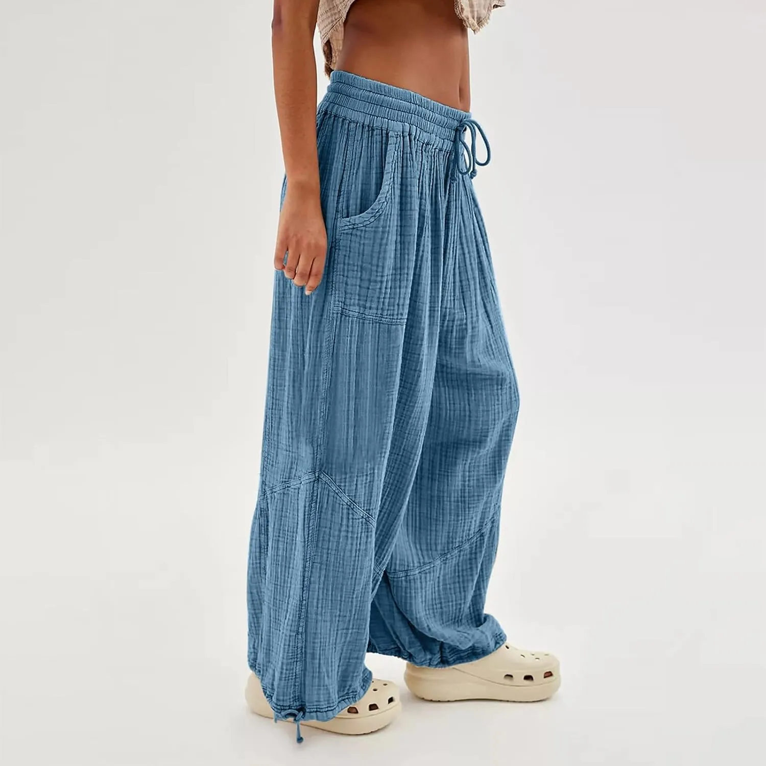 QWENTMTNTY Womens Summer Baggy Pants Cotton Linen Elastic Waisted Wide Leg Pants Pockets Comfy Casual Plus Size Haram Pants