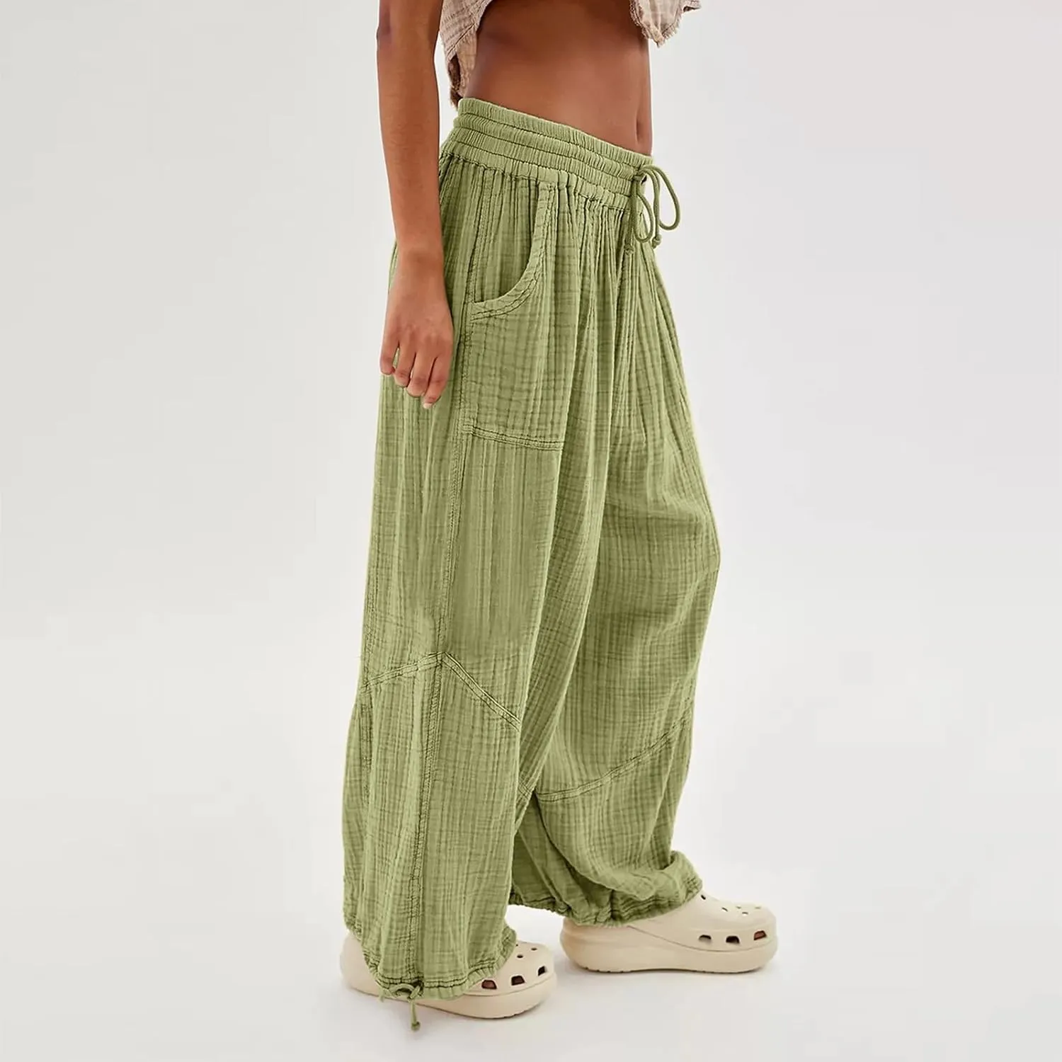 QWENTMTNTY Womens Summer Baggy Pants Cotton Linen Elastic Waisted Wide Leg Pants Pockets Comfy Casual Plus Size Haram Pants