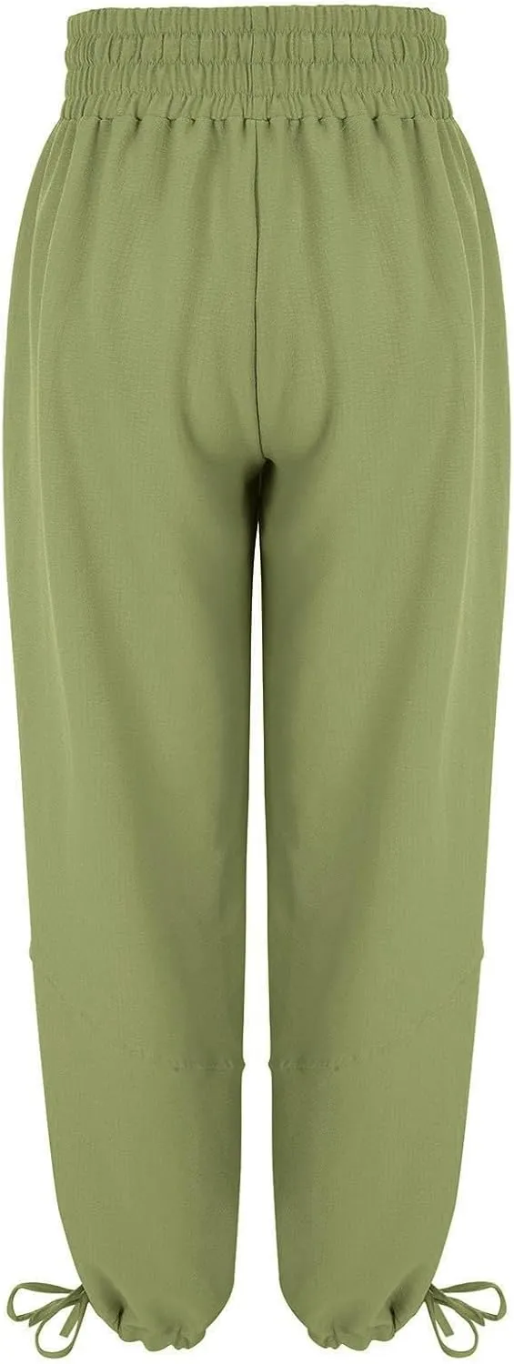 QWENTMTNTY Womens Summer Baggy Pants Cotton Linen Elastic Waisted Wide Leg Pants Pockets Comfy Casual Plus Size Haram Pants