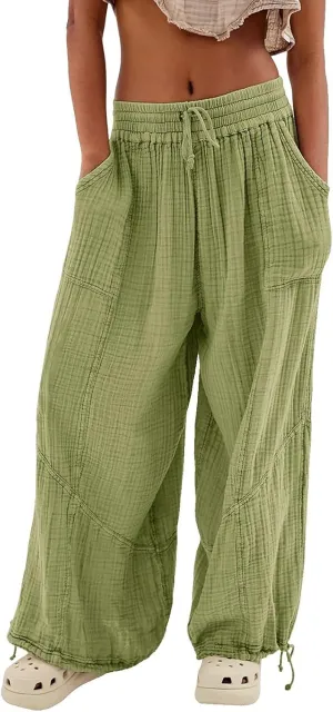 QWENTMTNTY Womens Summer Baggy Pants Cotton Linen Elastic Waisted Wide Leg Pants Pockets Comfy Casual Plus Size Haram Pants