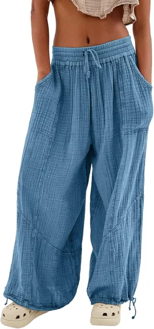 QWENTMTNTY Womens Summer Baggy Pants Cotton Linen Elastic Waisted Wide Leg Pants Pockets Comfy Casual Plus Size Haram Pants