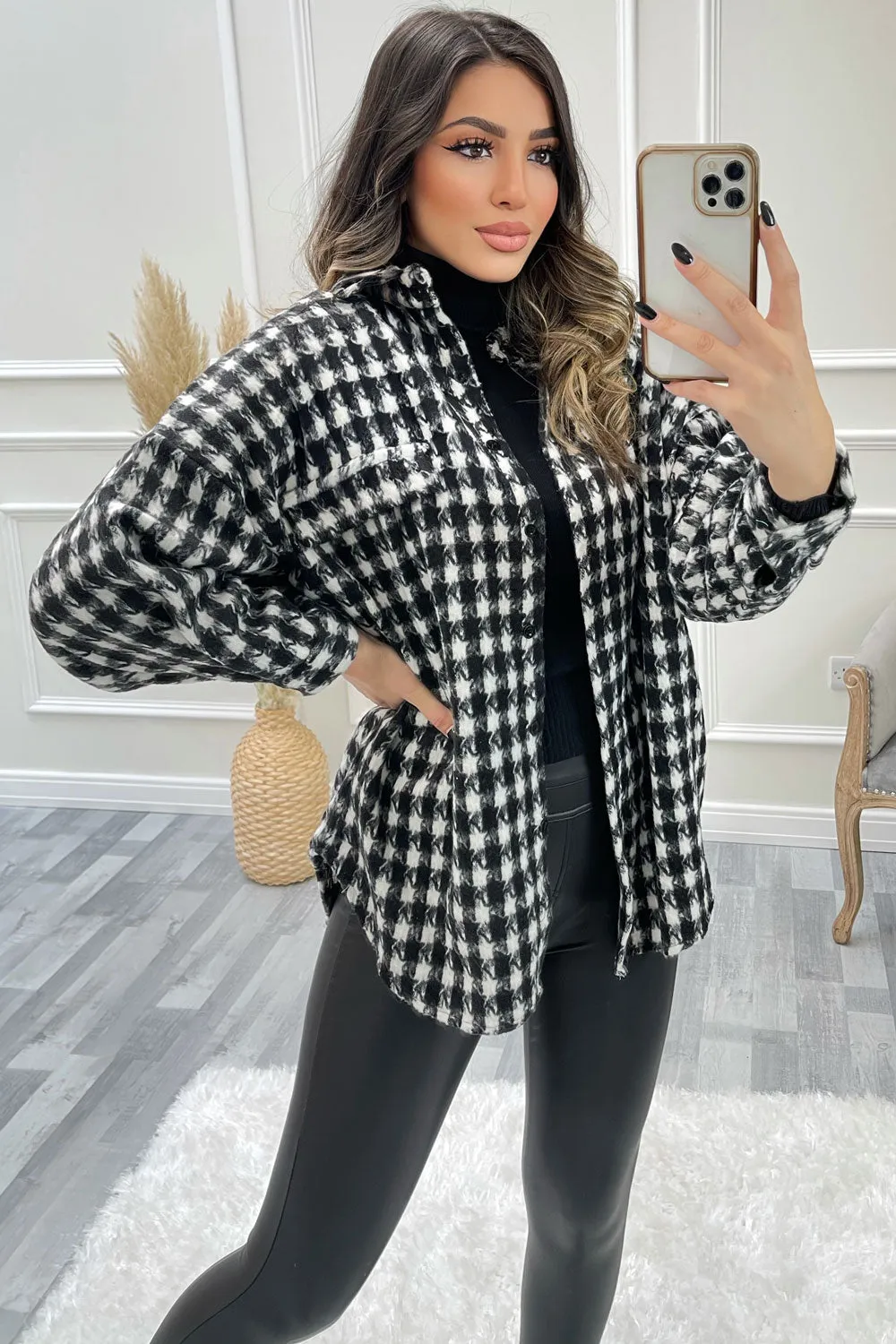 Reni Black and White Houndstooth Knitted Oversized Shacket