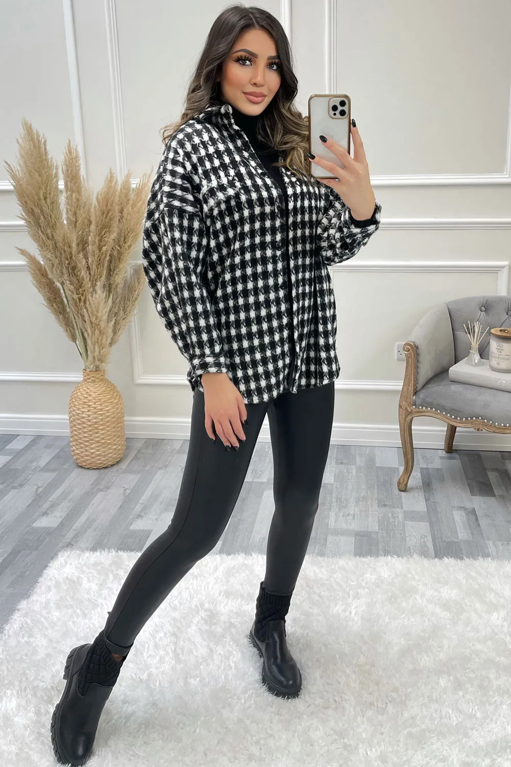 Reni Black and White Houndstooth Knitted Oversized Shacket