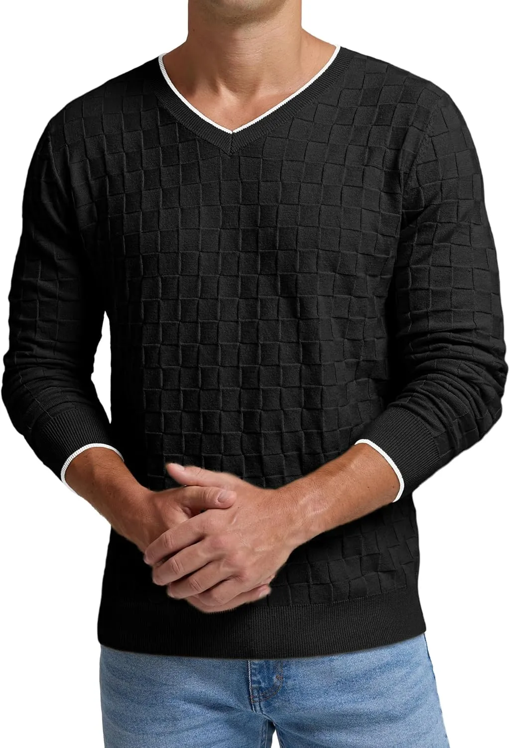 Sailwind Mens V-Neck Sweater Cable Knit Long Sleeve Casual Basketweave Stitch Pullover Sweater