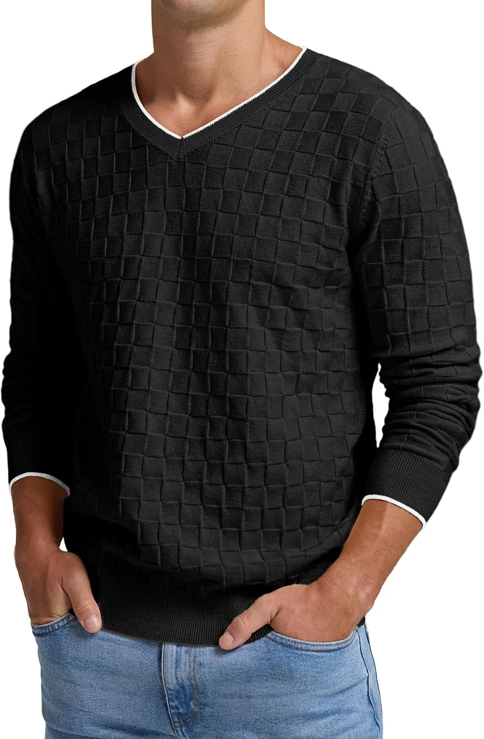 Sailwind Mens V-Neck Sweater Cable Knit Long Sleeve Casual Basketweave Stitch Pullover Sweater