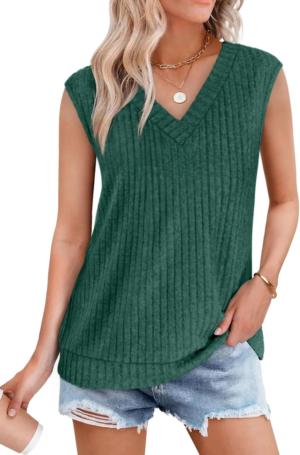 SAMPEEL Womens V Neck Sleeveless Sweater Tank Top Spring Casual Sweater Vest Summer Outifts 2025