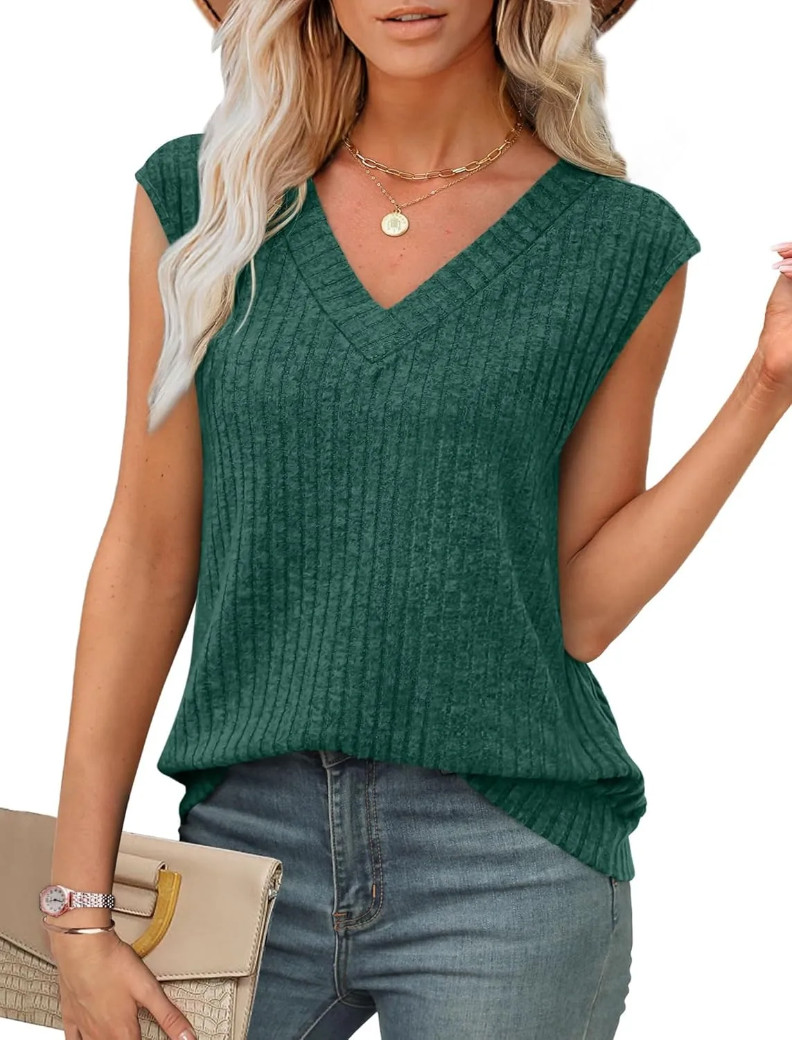 SAMPEEL Womens V Neck Sleeveless Sweater Tank Top Spring Casual Sweater Vest Summer Outifts 2025