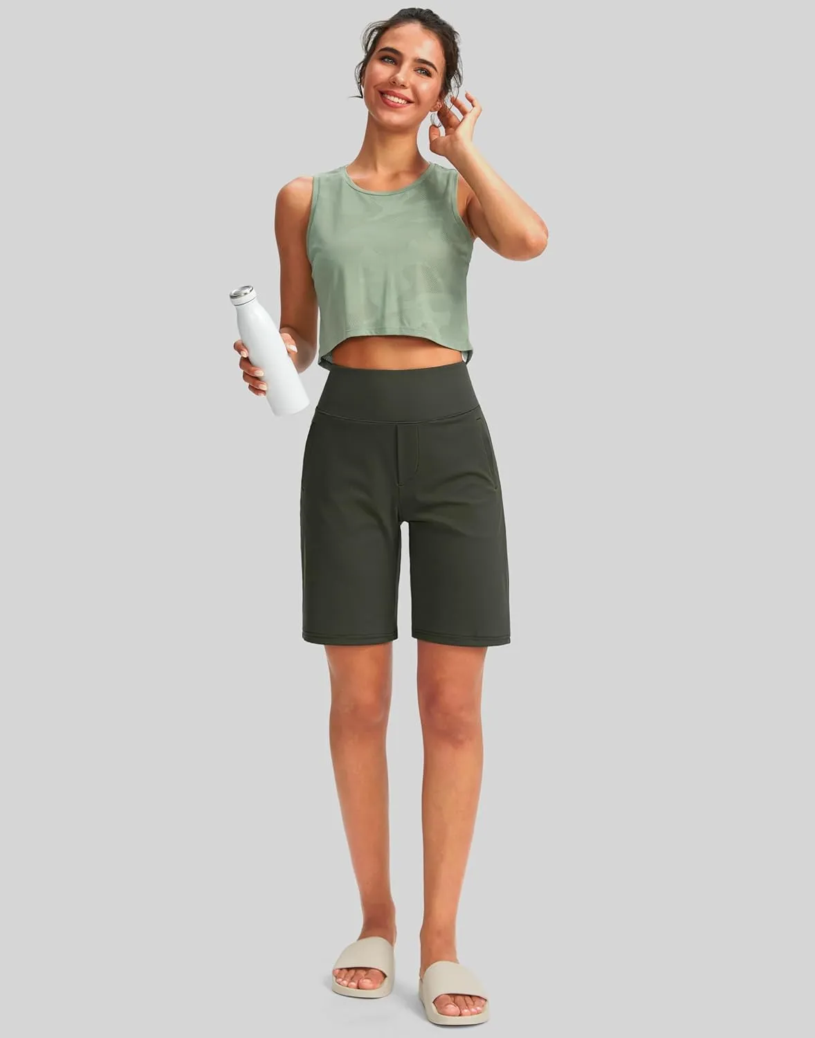 SANTINY Women's 9" High Waisted Bermuda Shorts with 4 Pockets Knee Length Long Shorts for Women Workout Athletic Casual