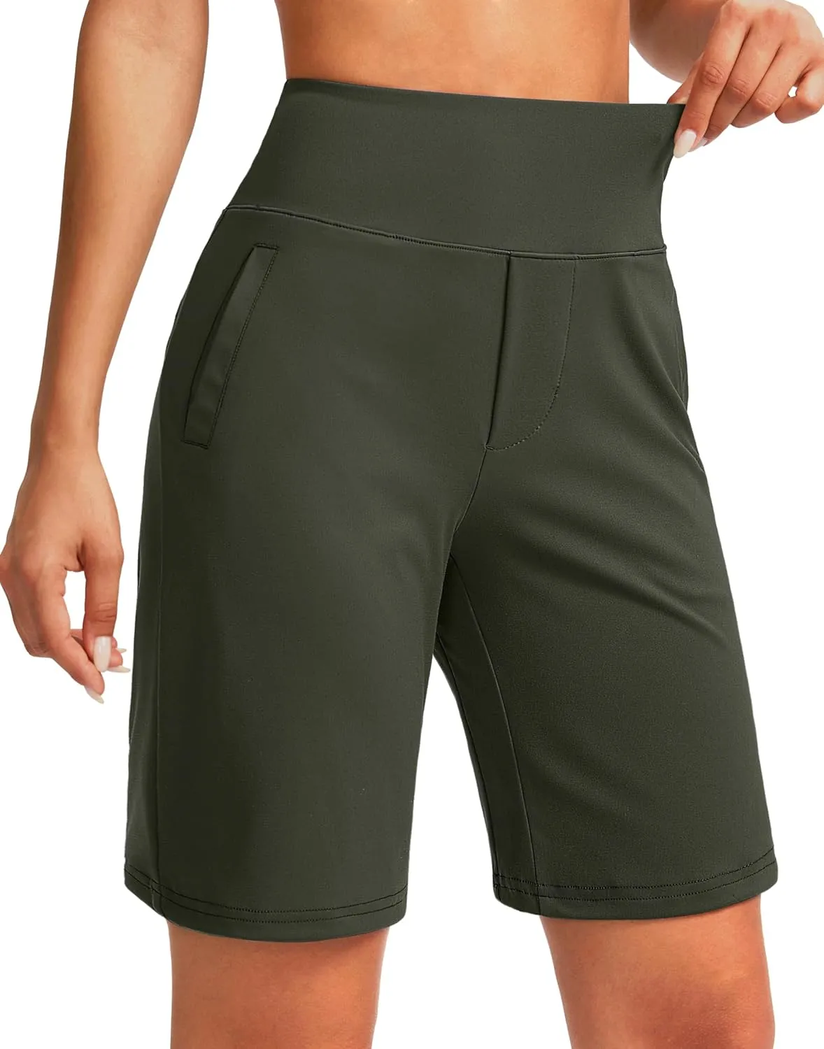SANTINY Women's 9" High Waisted Bermuda Shorts with 4 Pockets Knee Length Long Shorts for Women Workout Athletic Casual