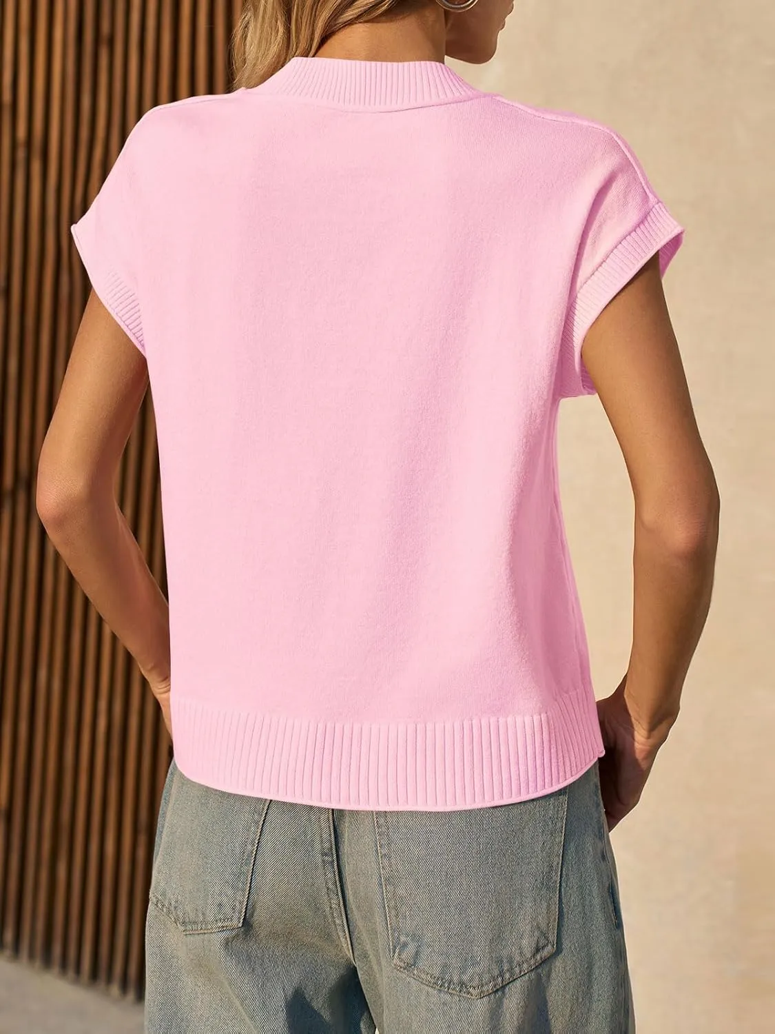 Saodimallsu Womens Cap Sleeve Sweater Vest Crew Neck Casual Loose Knit Summer Lightweight Pullover Tank Tops