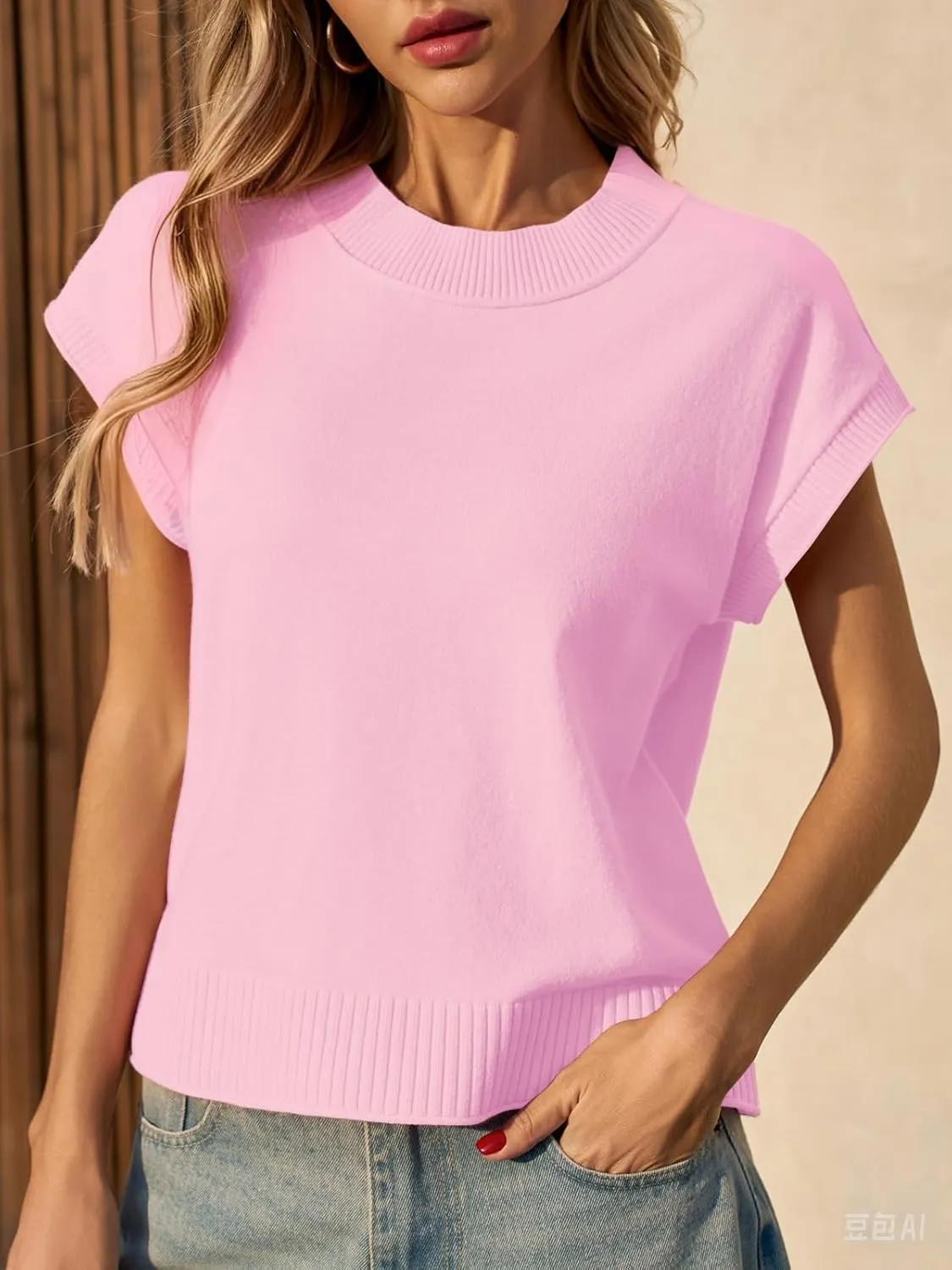 Saodimallsu Womens Cap Sleeve Sweater Vest Crew Neck Casual Loose Knit Summer Lightweight Pullover Tank Tops