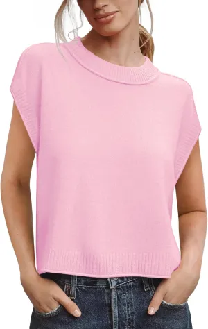 Saodimallsu Womens Cap Sleeve Sweater Vest Crew Neck Casual Loose Knit Summer Lightweight Pullover Tank Tops