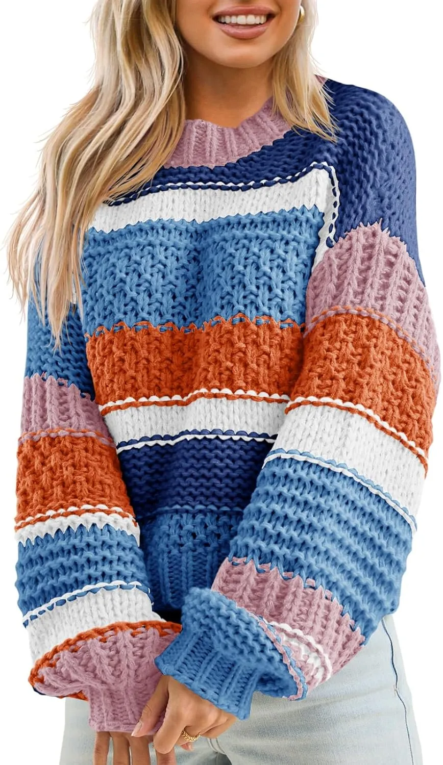 Saodimallsu Womens Color Block Sweater Striped Chunky Knit Cropped Sweaters Crewneck Fall Long Sleeve Loose Pullover Tops