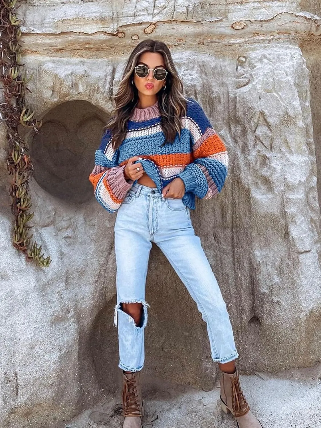 Saodimallsu Womens Color Block Sweater Striped Chunky Knit Cropped Sweaters Crewneck Fall Long Sleeve Loose Pullover Tops