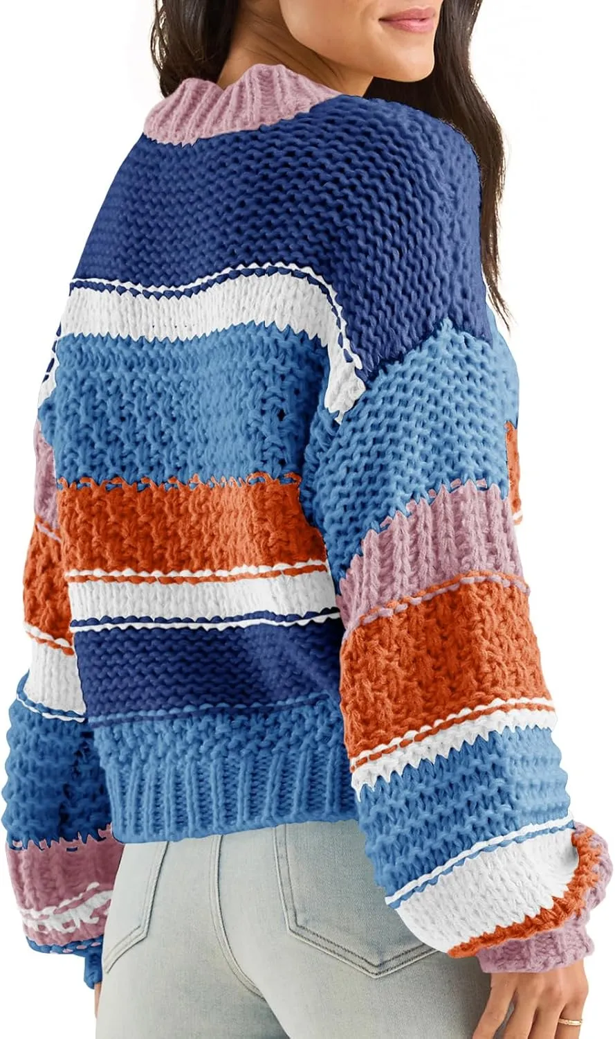 Saodimallsu Womens Color Block Sweater Striped Chunky Knit Cropped Sweaters Crewneck Fall Long Sleeve Loose Pullover Tops