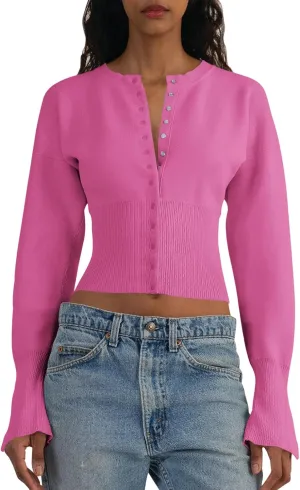 Saodimallsu Womens Cropped Sweaters Button Down Long Sleeve V Neck Ribbed Knit Slim Fit Pullover Crop Tops