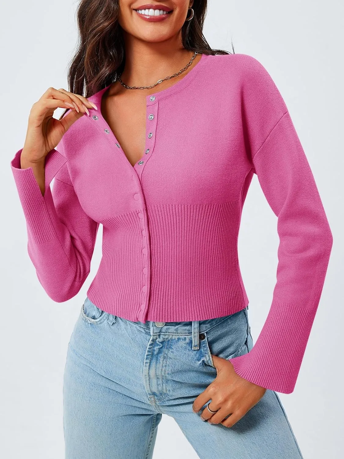 Saodimallsu Womens Cropped Sweaters Button Down Long Sleeve V Neck Ribbed Knit Slim Fit Pullover Crop Tops