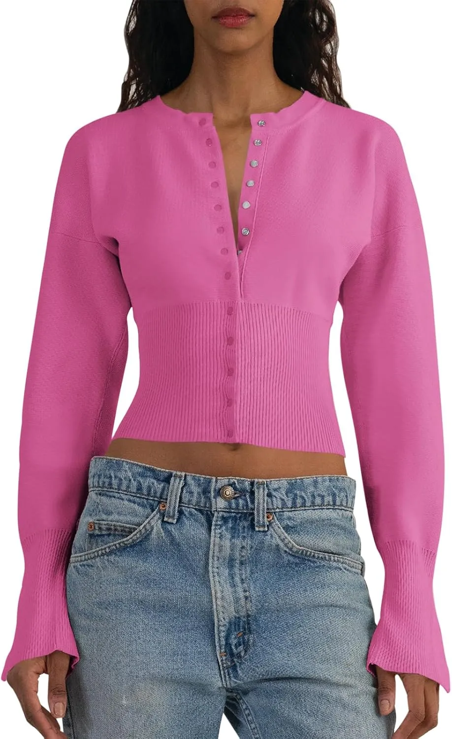 Saodimallsu Womens Cropped Sweaters Button Down Long Sleeve V Neck Ribbed Knit Slim Fit Pullover Crop Tops