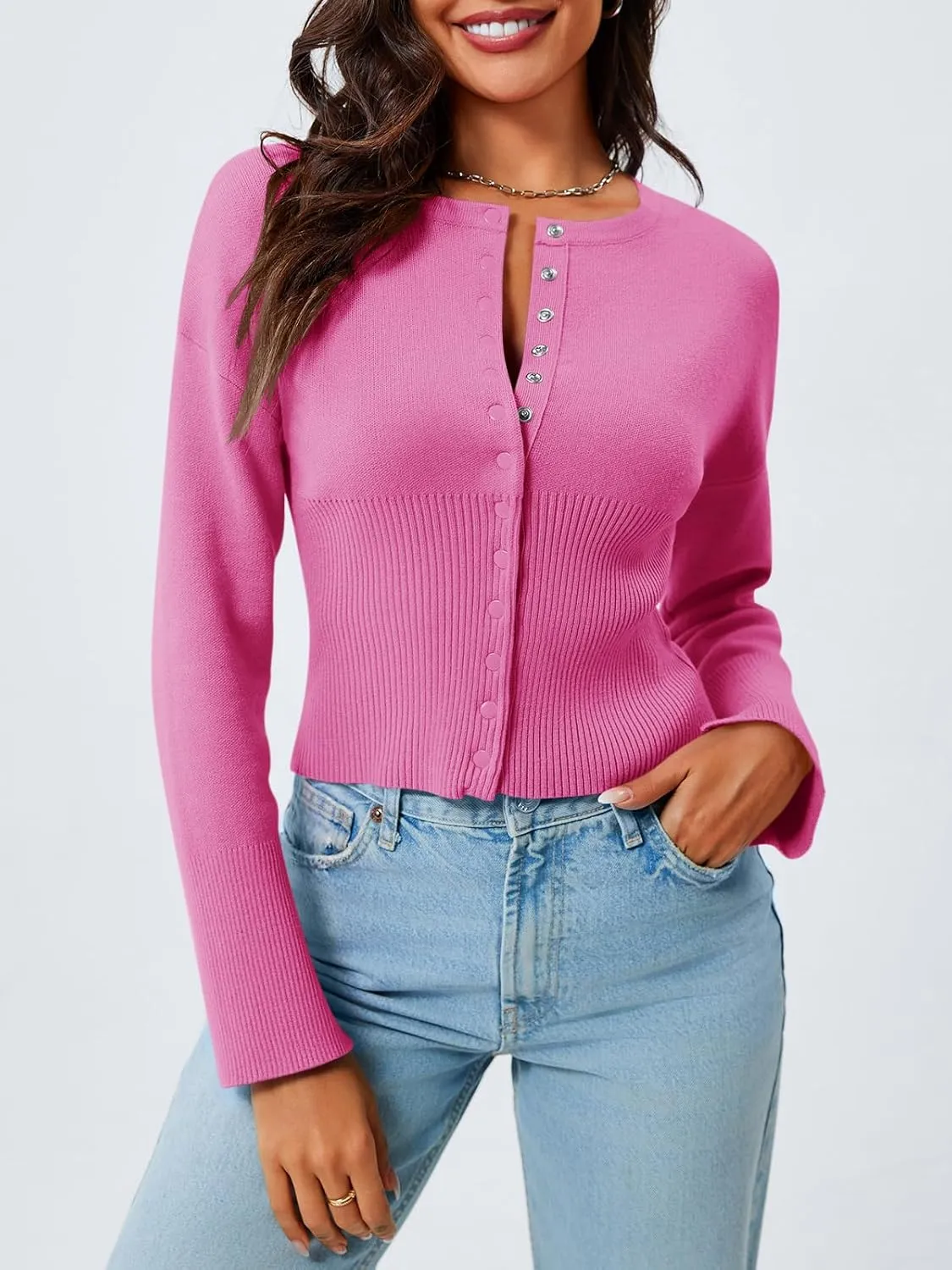 Saodimallsu Womens Cropped Sweaters Button Down Long Sleeve V Neck Ribbed Knit Slim Fit Pullover Crop Tops