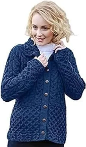 SAOL Ladies Honeycomb Cardigan - 100% Merino Wool Irish Knit with Buttons