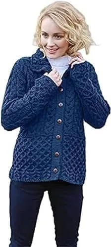 SAOL Ladies Honeycomb Cardigan - 100% Merino Wool Irish Knit with Buttons