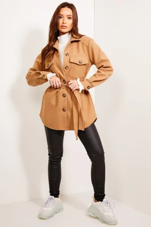Saylor Camel Belted Oversized Shacket