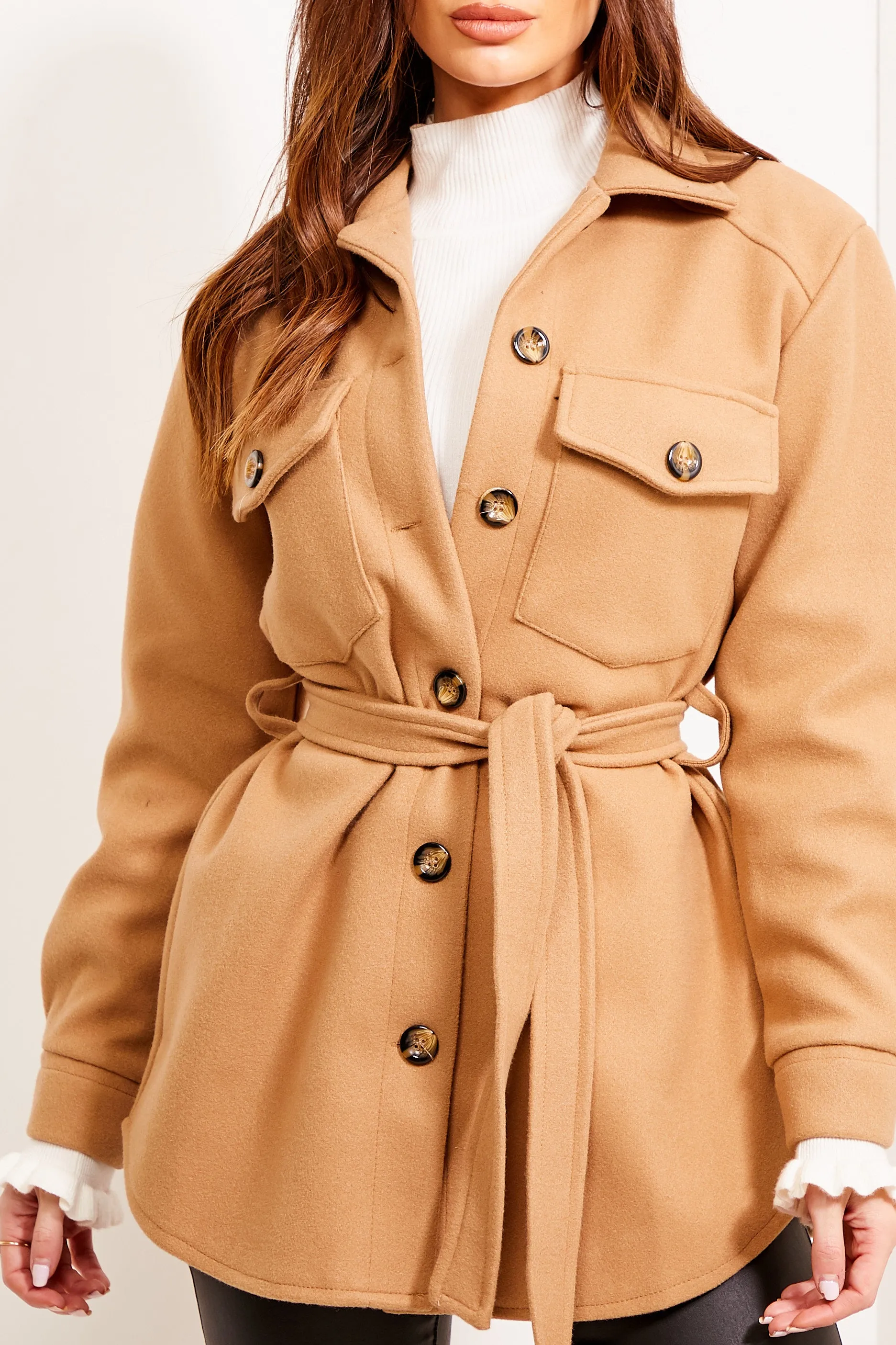 Saylor Camel Belted Oversized Shacket