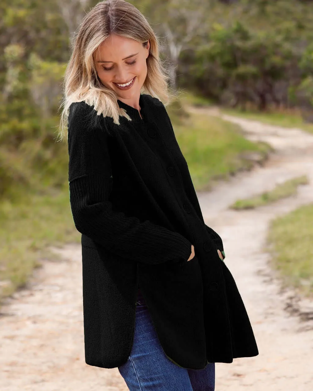 See Saw Boiled Wool Ribbed Sleeve Coat in Black