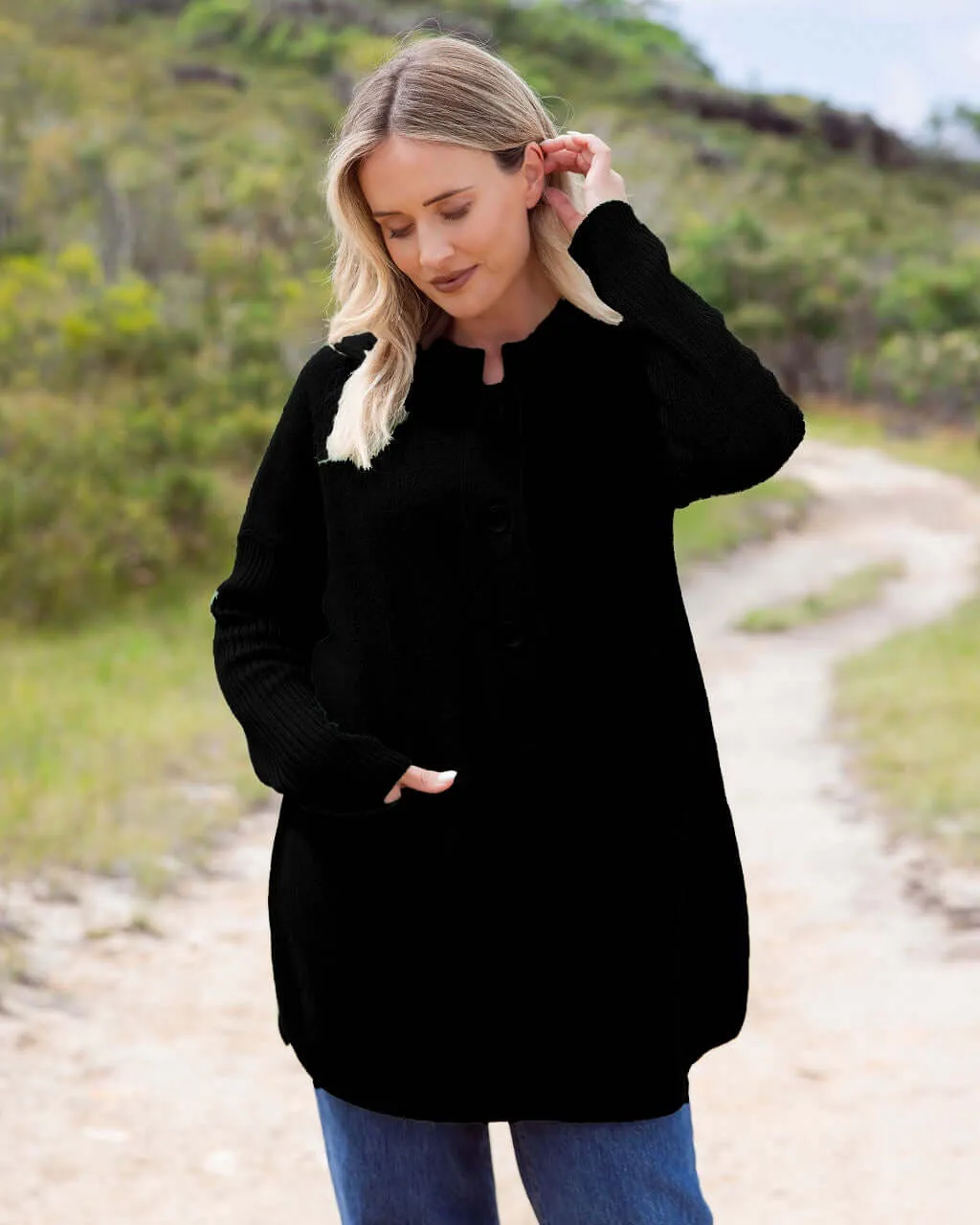 See Saw Boiled Wool Ribbed Sleeve Coat in Black